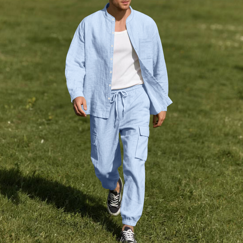 Mens Linen Shirt Long Sleeve - Ensemble deux pièces en lin respirant