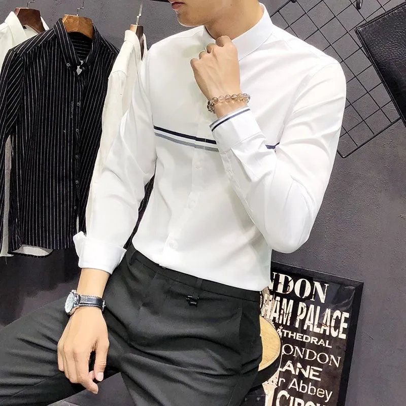 Mandarin Collar Formal Shirt Slim Fit - Chemise homme à col mandarin, manches