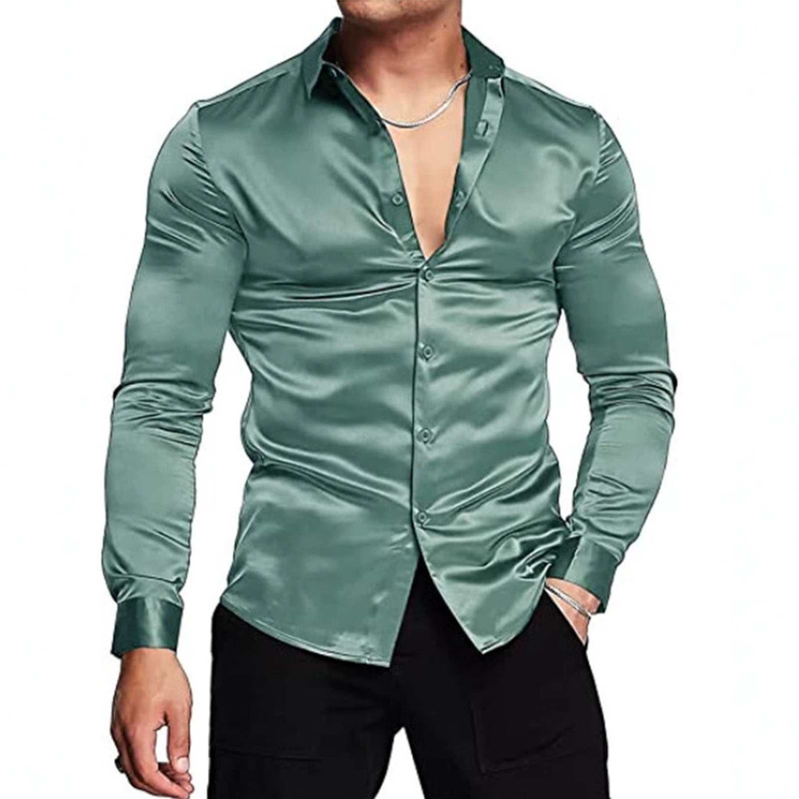 Mens Satin Silk Dress Shirt - Printemps automne soie Satin chemises de