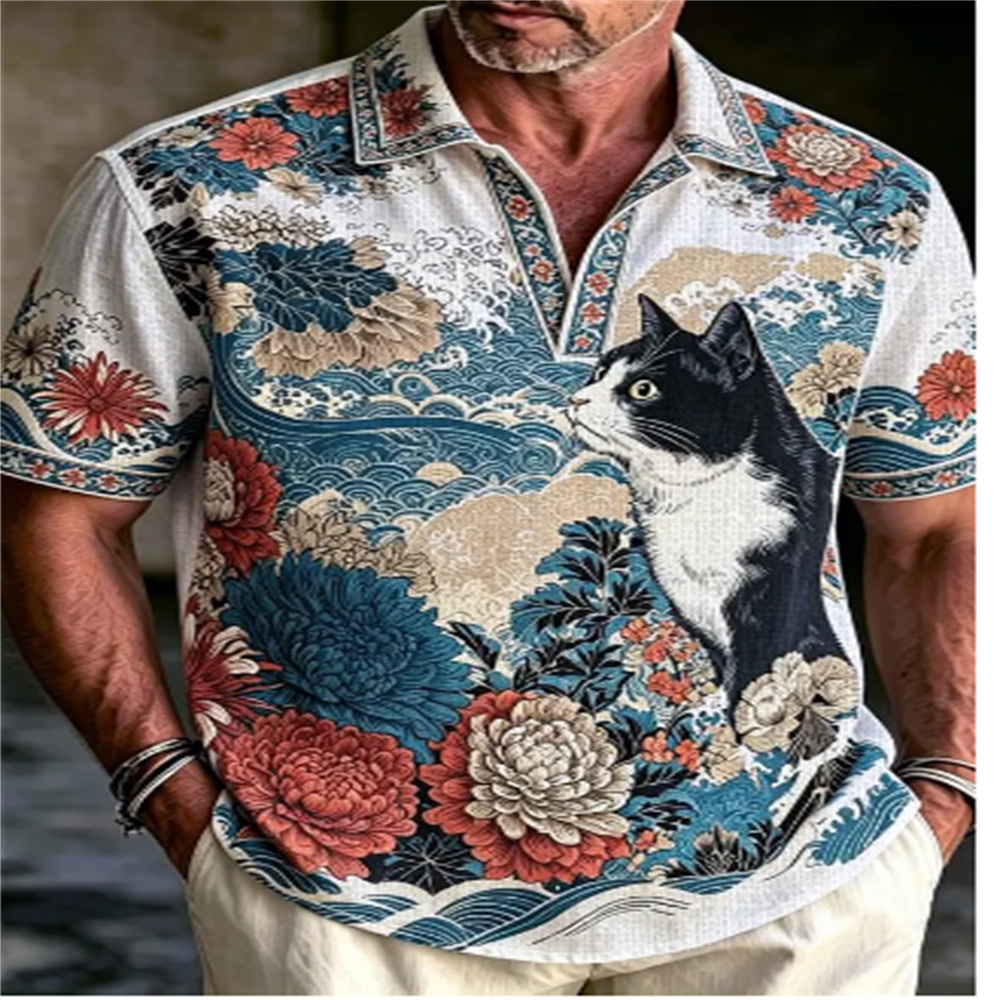 Vintage Hawaiian Floral Shirt - Polo à manches courtes pour homme,