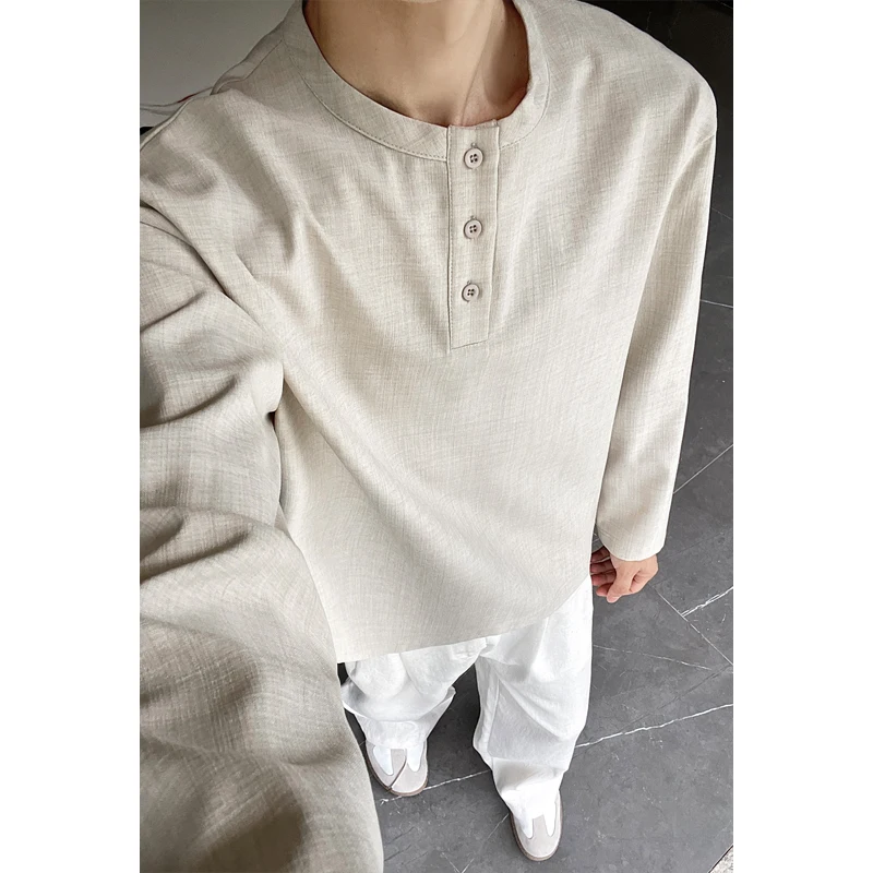 Mens Linen Shirt Long Sleeve - T-shirt décontracté pour homme en imitation