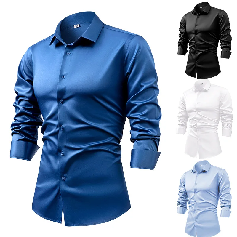 Mens Satin Silk Dress Shirt - Chemises provoqué à manches longues en
