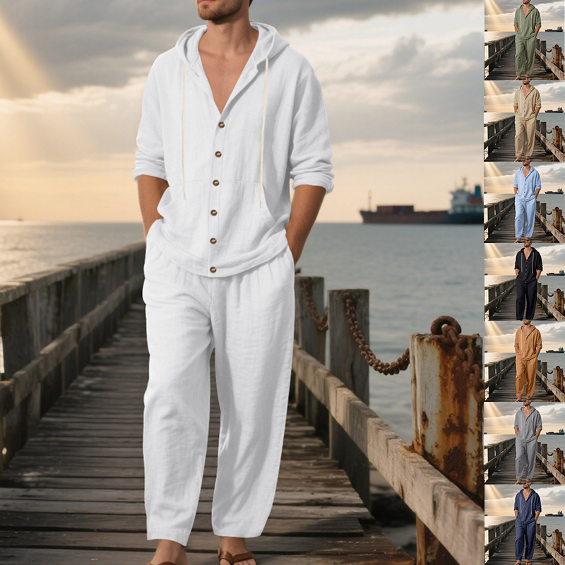 Mens Linen Shirt Long Sleeve - Ensemble décontracté 2 pièces pour homme