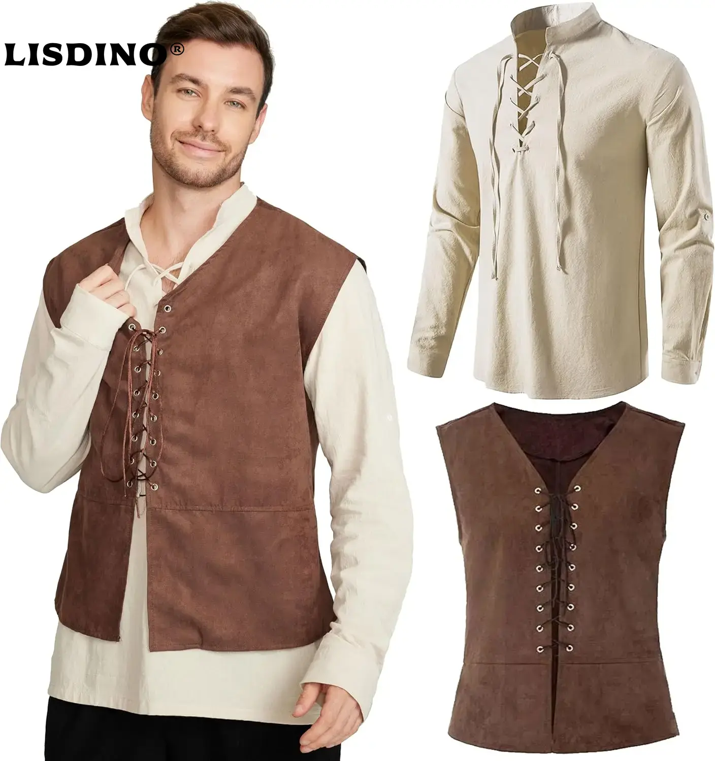 Medieval Gothic Lace Up Pirate Shirt - Ensemble 2 pièces gilet Pirate médiéval