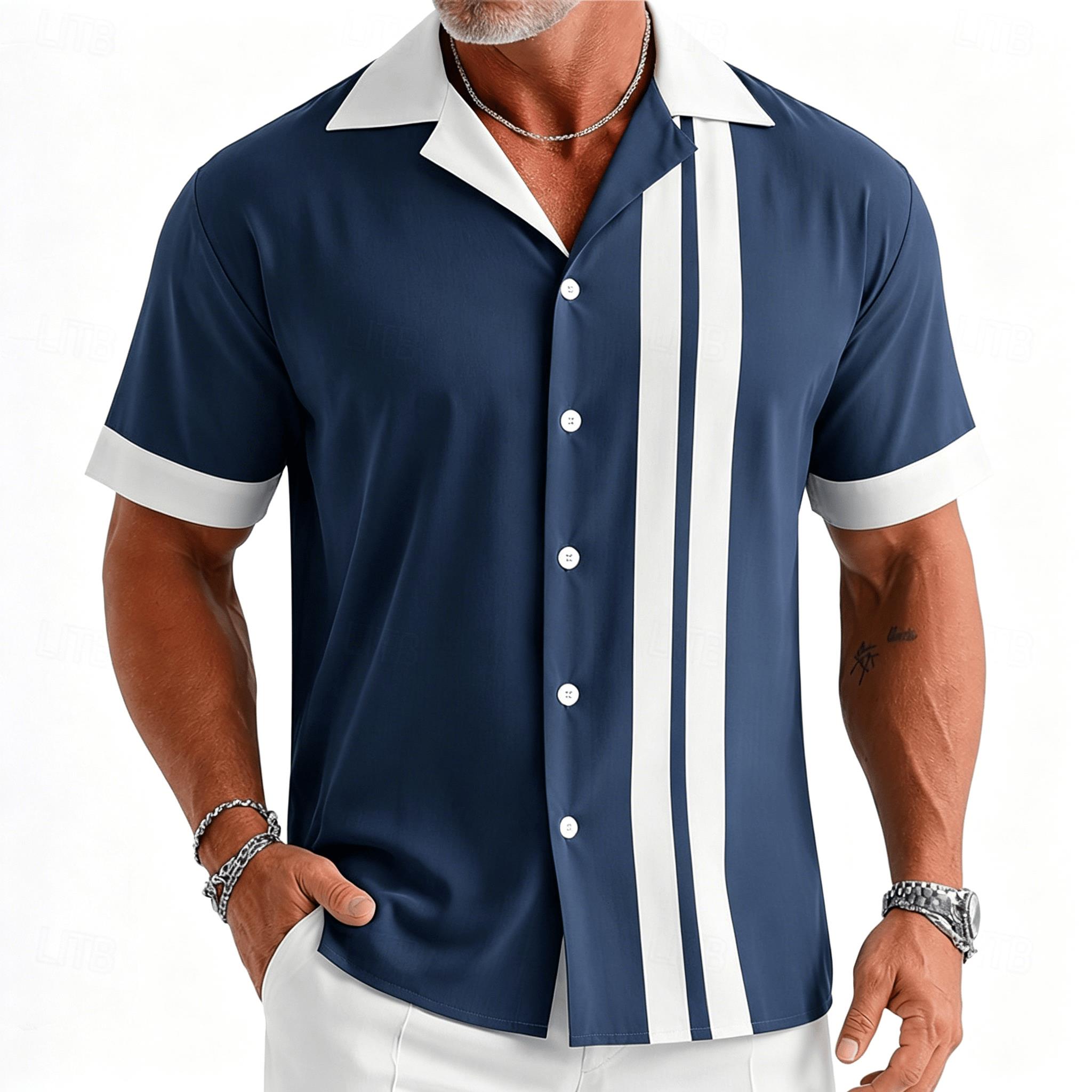 Short Sleeve Bowling Shirt Retro - Chemise à manches courtes rayée bleu