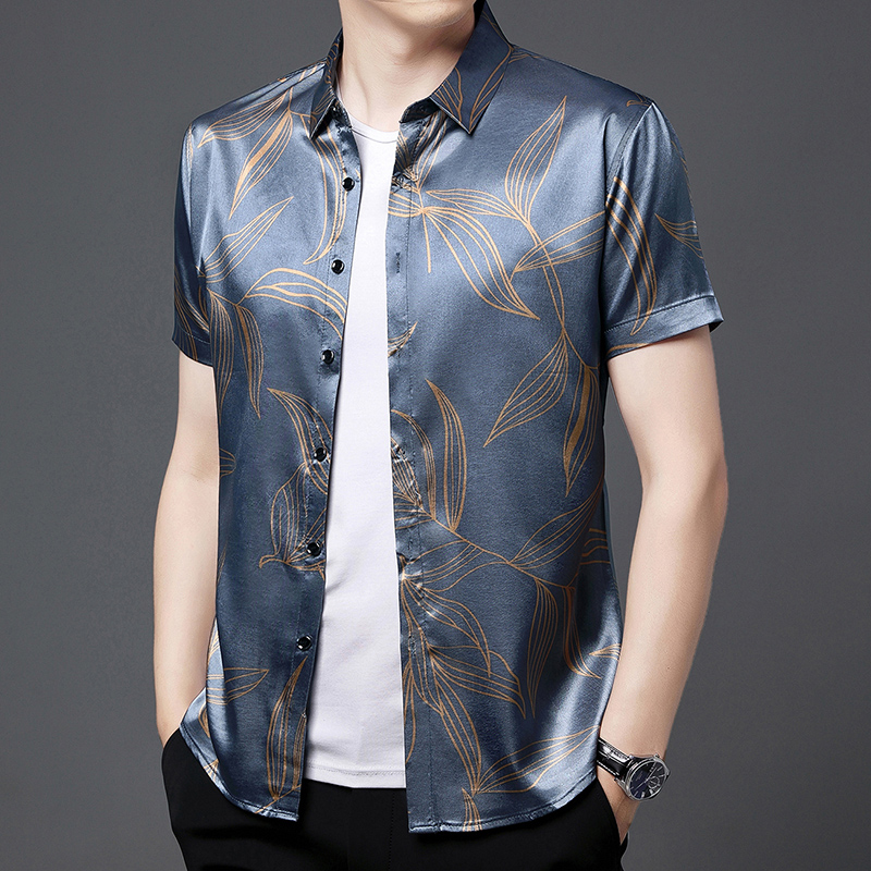 Mens Satin Silk Dress Shirt - Chemise à manches courtes en Satin