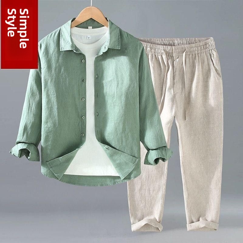 Mens Linen Shirt Long Sleeve - Ensemble deux pièces en lin ample