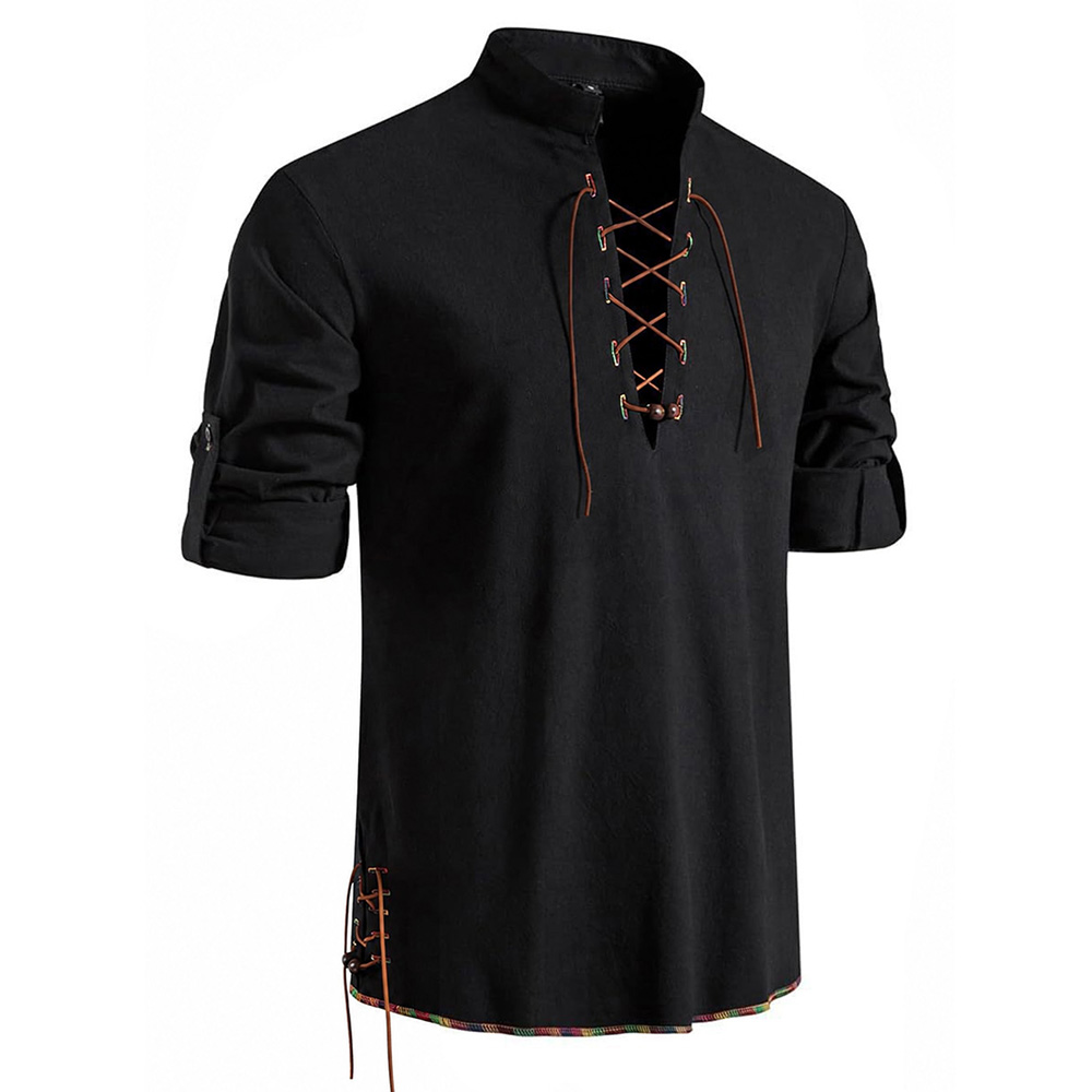 Chemise médiévale à col Henley - Medieval Gothic Lace Up Pirate Shirt avis et prix