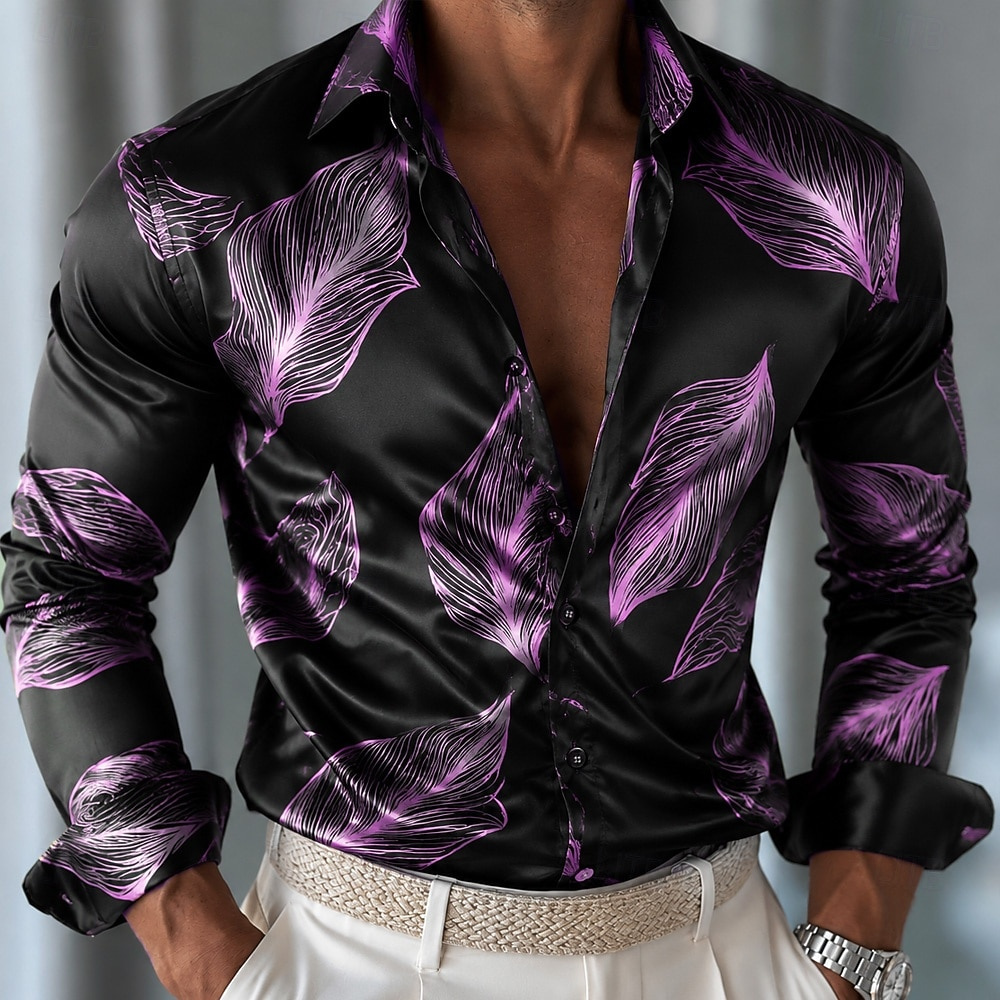Chemise en satin à motif feuil - Mens Satin Silk Dress Shirt avis et prix