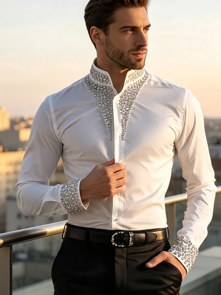 Chemise décontractée de luxe p - Mandarin Collar Formal Shirt Slim Fit avis et prix